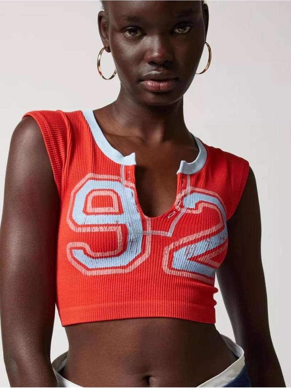 Urban Outfitters Red Ribbed Cropped Tank with Light Blue Trim and '92' Graphic